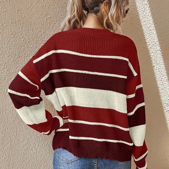 Red And White Casual Women's Color Block Pullover Sweater - Picture 2 of 5